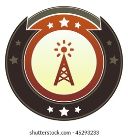Communication, cellphone, or access point icon on round red and brown imperial vector button with star accents