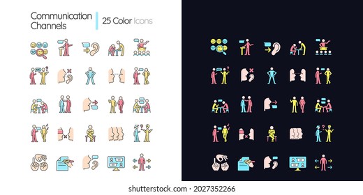 Communication channel light and dark theme RGB color icons set. Body language. Language barriers. Eye contact. Isolated vector illustrations on white and black space. Simple filled line drawings pack