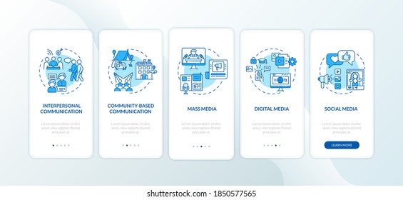 Communication channels onboarding mobile app page screen with concepts. Information sources walkthrough 5 steps graphic instructions. UI vector template with RGB color illustrations