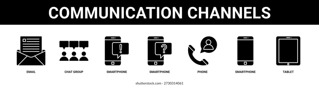 Canales de comunicación Web Anuncio icono conjunto colección estilo sólido.