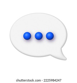 Icono de chat de comunicación 3D. Burbuja de habla blanca con tres puntos azules. Elemento de diseño vectorial realista.