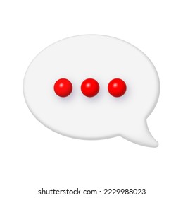 Communication Chat 3D Icon. White speech bubble with three red dots. Realistic vector design element.