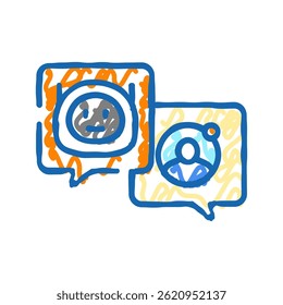 Vector de boceto de icono de doodle de chat de comunicación. signo de bot de chat de comunicación. ilustración de símbolo aislado