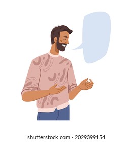 Communication chat box man and empty speech bubble, flat cartoon design. Vector dialogue message sign, thought, quote and opinion, bearded talking guy. Big blank speech bubble, thinking idea sign