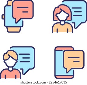 Communication with chat bubbles via gadgets pixel perfect RGB color icons set. Technology of connection. Isolated vector illustrations. Simple filled line drawings collection. Editable stroke