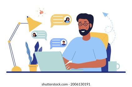 Communication in the chat concept. A man is sitting at a laptop and texting with his friends on social networks. Dialogue at a distance. Cartoon flat vector illustration isolated on a white background