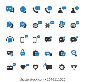 Communication Chat and Customer Support Icons Collection. Global Language, Call Center, Secure Messaging, Notification, Mobile, Headset, Business, Cart, Gear, Heart, Lock, Shield Vector Set