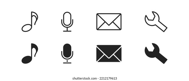 Communication chat icons set. Icons for app ui design. Mail, microphone, music note, settings signs. Vector illustration.