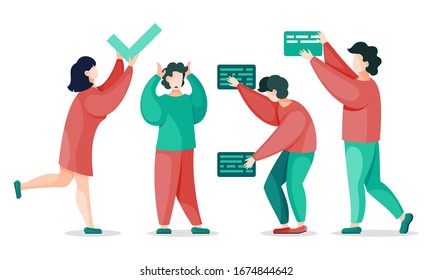 Communication chat in messengers. Man work with text and answer questions. Making content in social media. Content management. Blogger put post message in blog, to do list. Man with chats information