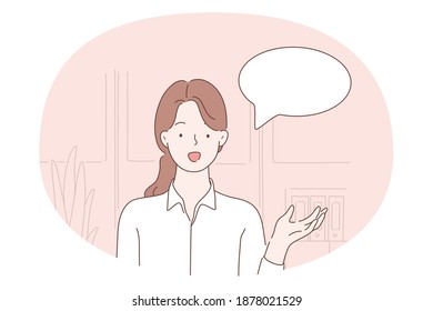 Communication, chat, speaking concept. Young smiling girl cartoon character standing and talking with speech bubble near vector illustration 