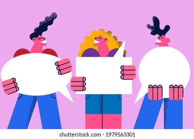 Communication, chat, speech concept. Young positive people cartoon characters standing holding bubble speech nearby over pink background vector illustration 