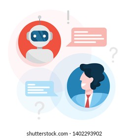 Communication with a chatbot concept. Customer service and support. Artificial intelligence concept. Isolated vector illustration in cartoon style