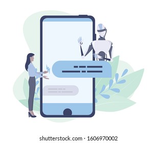 Communication with a chatbot concept. Customer service and support. Artificial intelligence concept. Isolated vector illustration in cartoon style