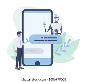 Communication with a chatbot concept. Customer service and support. Artificial intelligence concept. Isolated vector illustration in cartoon style