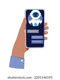 Comunicación con chatbot online. Mano de personaje sosteniendo un smartphone con inteligencia artificial o con droid en pantalla. El usuario envía mensajes al robot en la aplicación de asistencia. Dibujo vectorial plano de dibujos animados