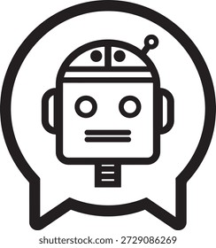 Símbolo del robot de chatbot de comunicación en la burbuja de mensajes. Icono de asistente virtual automatizado para la interacción del servicio de ayuda digital.