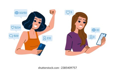 communication checking social media woman vector. technology phone, female internet, computer digital communication checking social media woman character. people flat cartoon illustration