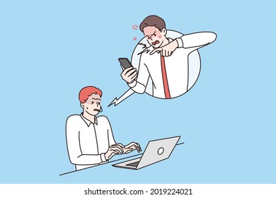 Communication With Client At Work Concept. Angry Man Customer Shouting At Worker On Phone Over Blue Background Vector Illustration 