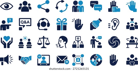 Conjunto de iconos de comunicación y colaboración. Contiene apretones de manos, ojos visuales, nodos compartidos, bucles de Comentarios, reuniones de equipo, burbujas de chat, auriculares de Asistencia y manos de votación.