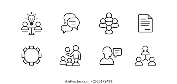 Conjunto de iconos de comunicación, esquema de colaboración. reunión de grupo, símbolos de discusión colección