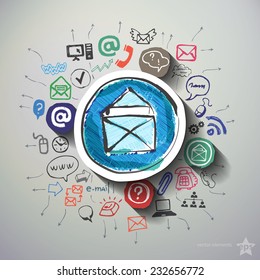 Communication collage with icons background. Vector illustration