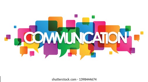 COMMUNICATION colorful typography banner with overlapping squares and speech bubbles