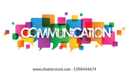 COMMUNICATION colorful typography banner with overlapping squares and speech bubbles