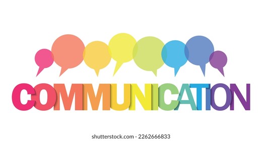 Banner de tipografía de vector colorido de COMUNICACIÓN con burbujas de voz