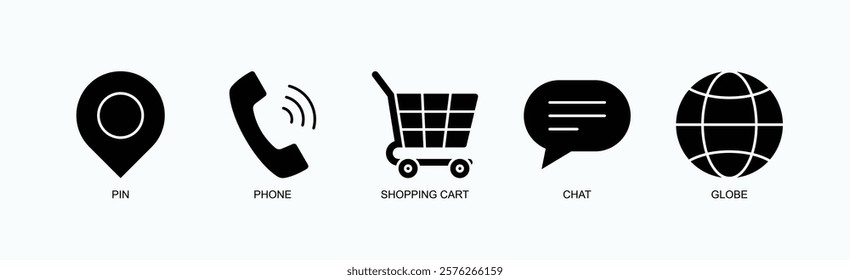 Communication And Commerce Essentials Icon Set Isolated Vector With Icon Of Pin, Phone, Shopping Cart, Chat, Globe In Glyph Style