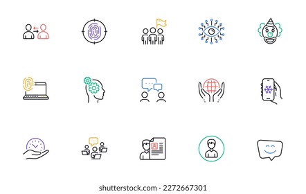 Communication, Computer fingerprint and Leadership line icons for website, printing. Collection of Smile face, Safe time, Fingerprint icons. Organic tested, Artificial intelligence. Vector