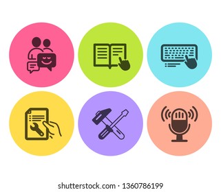 Communication, Computer keyboard and Repair document icons simple set. Read instruction, Hammer tool and Microphone signs. Business messages, Pc device. Business set. Flat communication icon. Vector
