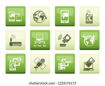communication, computer and mobile phone icons over color background - vector icon set