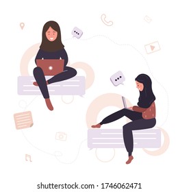 Communication concept. Arab woman sitting on chat bubbles. Girls taking part in business online meetings, negotiation, talking to each other. Modern vector illustration in cartoon style.