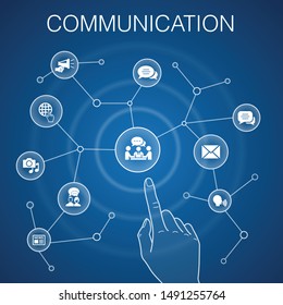 communication concept, blue background. internet, message, discussion, announcement icons