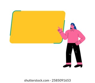 Communication concept. Business woman points to huge speech bubble. Flat vector illustration isolated on white background