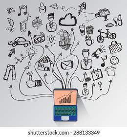 Communication concept by computer and lifestyle symbols illustration