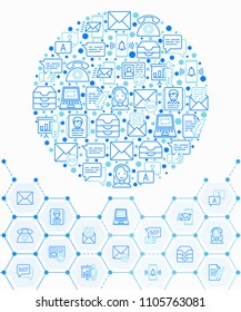 Communication concept in circle with thin line icons: email, phone, chat, contacts, comment, inbox, translator,presentation, message, screen share, support. Vector illustration, template for web page.