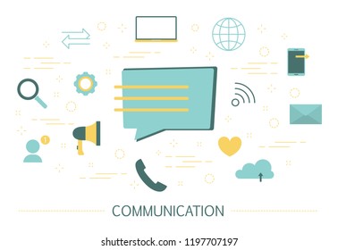 Communication concept. Connection with people, speak and talk to them. Dialog with person. Message with information. Set of colorful icons. Isolated flat vector illustration