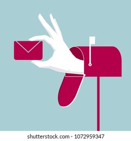 Communication concept design, Hand holding letter sticking out from mailbox.