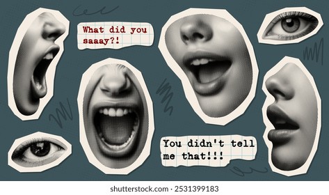 communication concept design set with cut-out retro collage graphic elements face parts mouths eyes isolated retro halftone grunge dotted effect old newspaper print vintage magazine style object