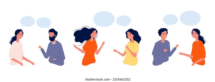 Communication concept. Flat people chatting, dialogue vector illustration. Boys girls actively communicate, people have conversations