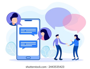 Communication concept flat vector illustration. Characters of people discussing and sending messages, chatting with each other.