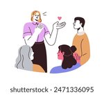 Communication concept. Friendly conversation. Engaging leader with audience listening. Woman speaking to friends. People like speaker. Flat graphic vector illustration isolated on white background