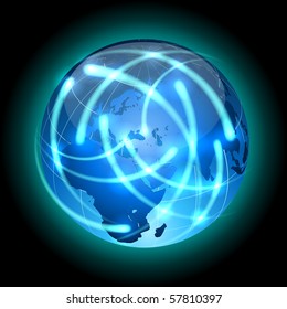 Communication concept. Globe with light traces rotating around.