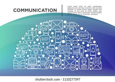 Kommunikationskonzept in Halbkreisen mit Dünnzeilensymbolen: E-Mail, Telefon, Chat, Kontakte, Kommentar, Posteingang, Übersetzer, Präsentation, Nachricht, Bildschirmfreigabe, Support. Vektorillustration für Printmedien.
