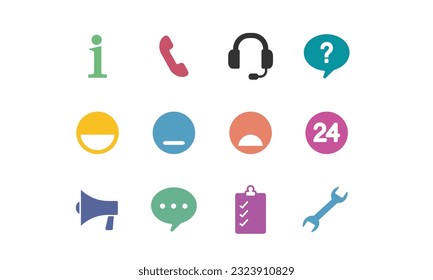 communication concept icon collecetion, info, phone, support, imoji, laugh, simile, announcement, message, setting 