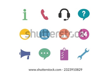 communication concept icon collecetion, info, phone, support, imoji, laugh, simile, announcement, message, setting 