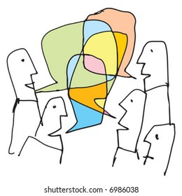 Communication Concept illustration - done in bold ink style. A bunch of people having a colorful conversations, socializing, debating, etc.