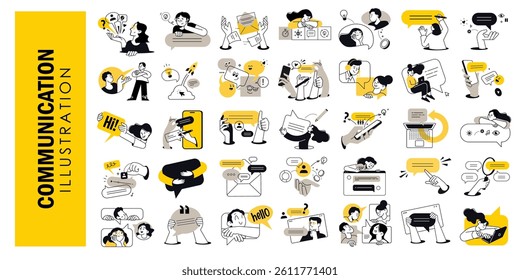 Communication concept illustrations. Set of people vector illustrations in media, networking, support, community, chatting, online communication, app and services, rating and review, conversation.
