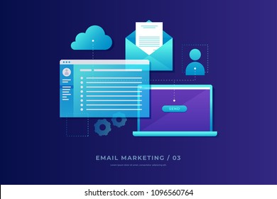 Communication concept, information dissemination, sending email. Laptop with open screen, open email and cloud storage. Communication, information dissemination, sending email. Flat illustration.